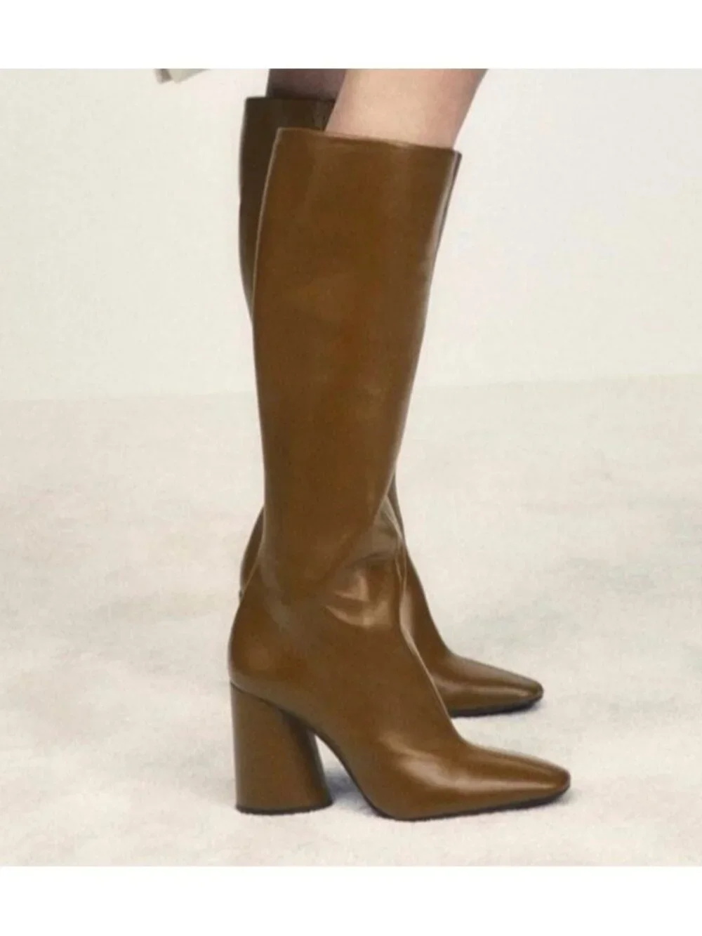 ZARA Camel Brown Leather Knee High Boots Block Heel Square Toe Women's EU 40US 9
